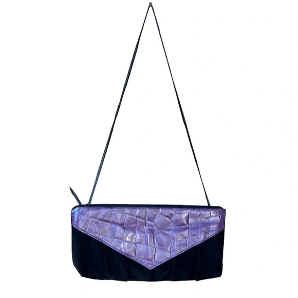 Black Suede Purple Croc Vintage Clutch Shoulder Purse Envelope  14”X7”X2.5” - Picture 1 of 8